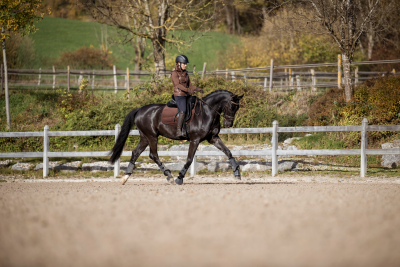 Frau reitet mit schwarzem Pferd auf Sand im Herbst